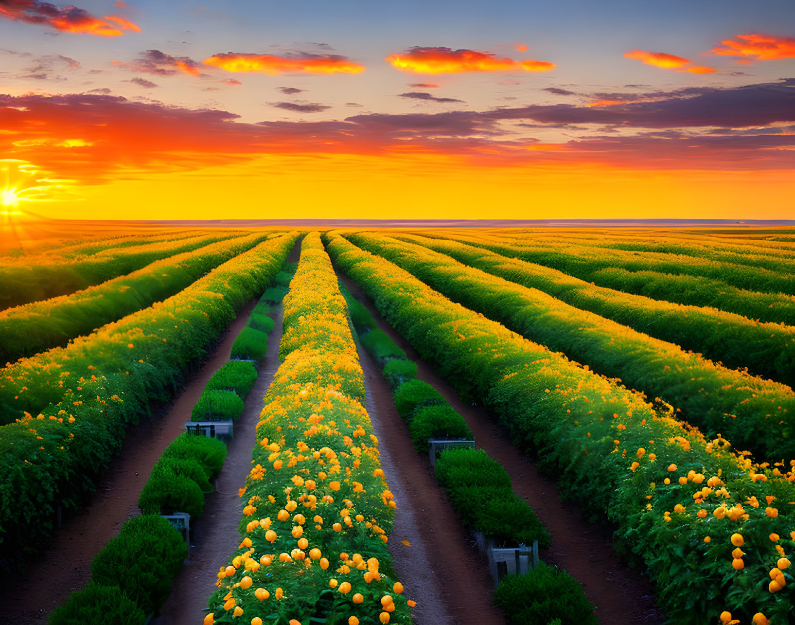 Field of Yellow Flowers at Sunset with Orange and Blue Sky