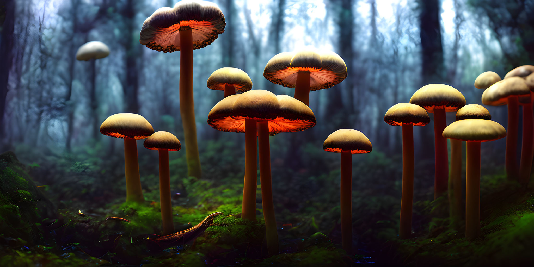 Luminous mushrooms with orange undersides in mystical forest