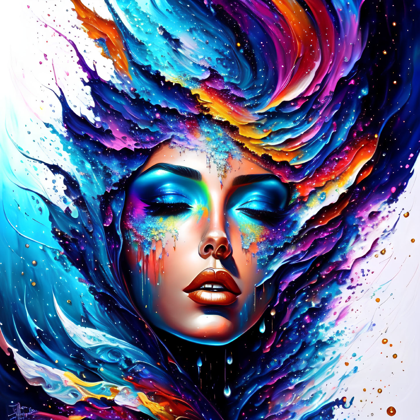 Colorful digital artwork: woman's face in cosmic swirl