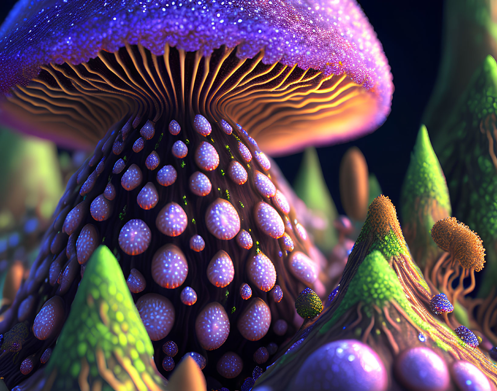 Colorful digital artwork: Fantasy scene with oversized mushrooms and textured vegetation
