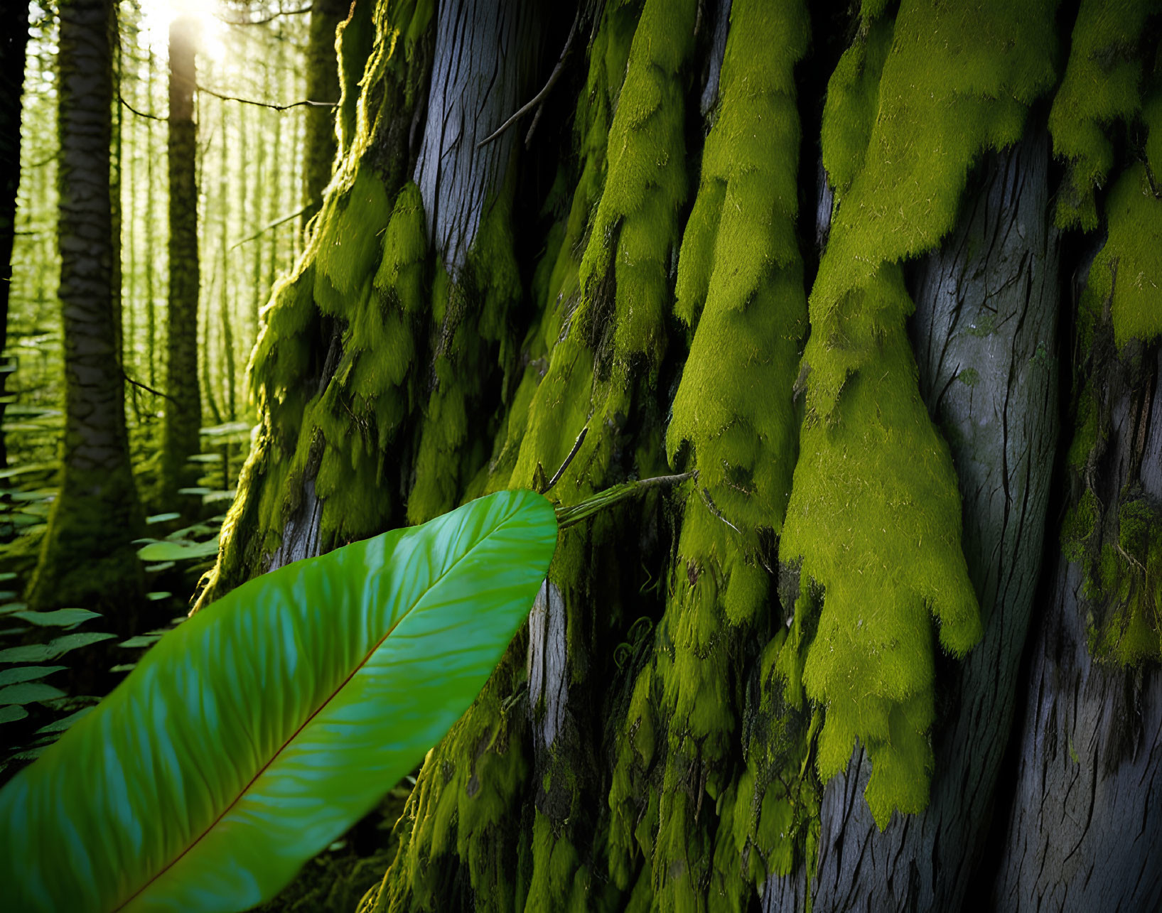Lush green moss covers forest tree trunk with sunlit leaf.