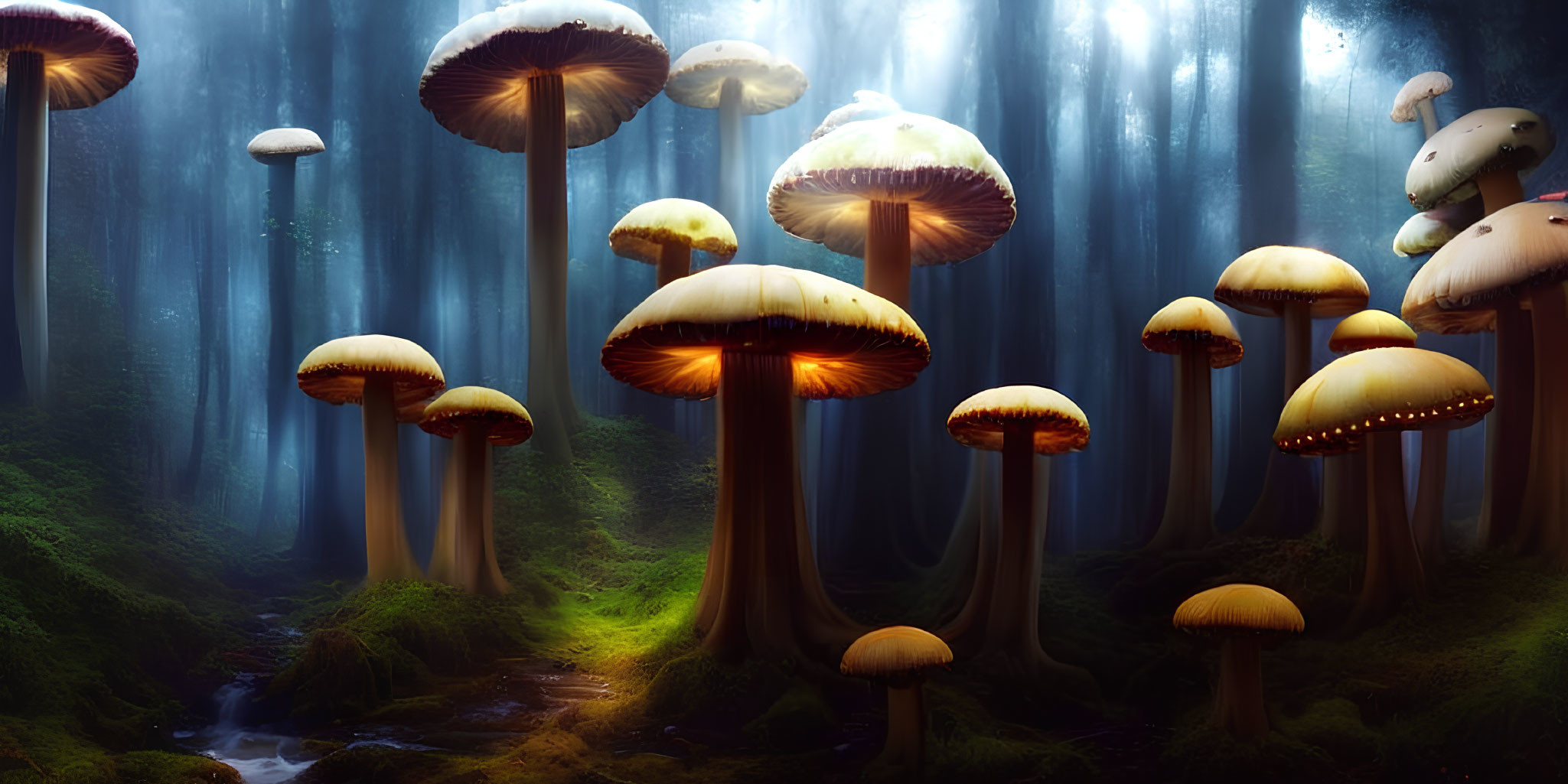 Enchanting forest with oversized glowing mushrooms