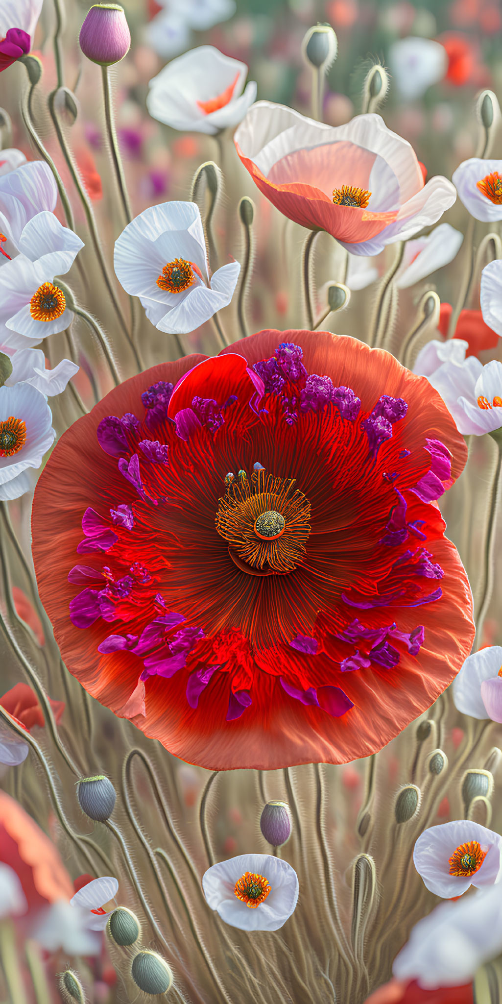 Detailed red poppy among white poppies in soft focus background