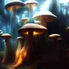 Enchanting forest with oversized glowing mushrooms