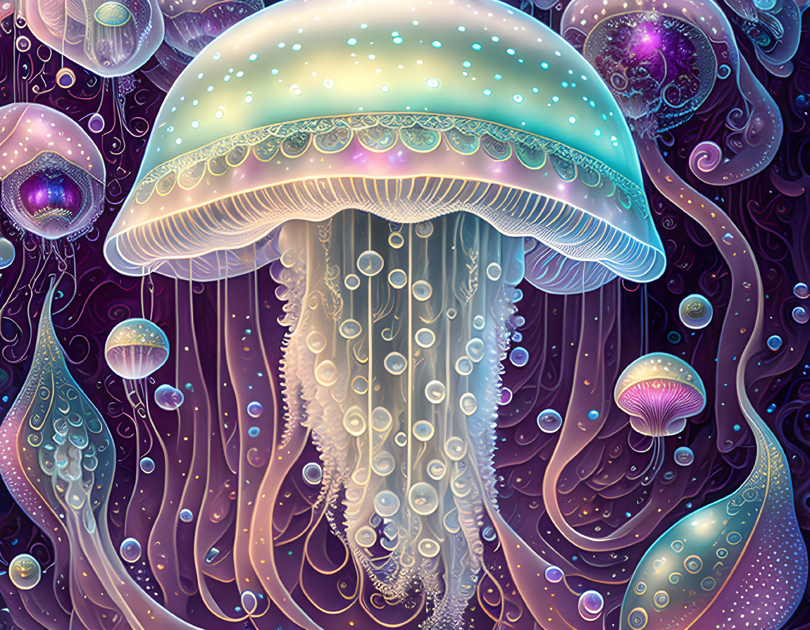 Colorful Fantastical Jellyfish Illustration with Glowing Tentacles