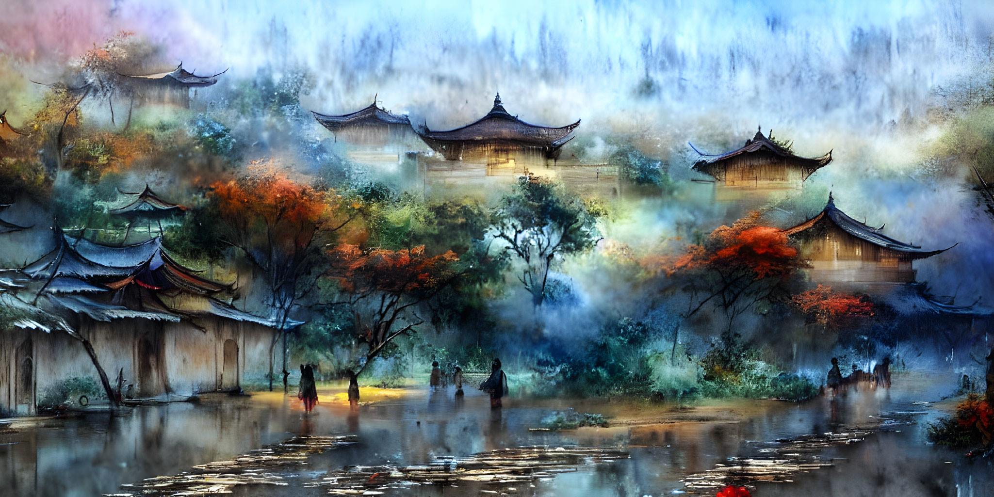 Ancient Asian village with misty ambiance and autumn scenery