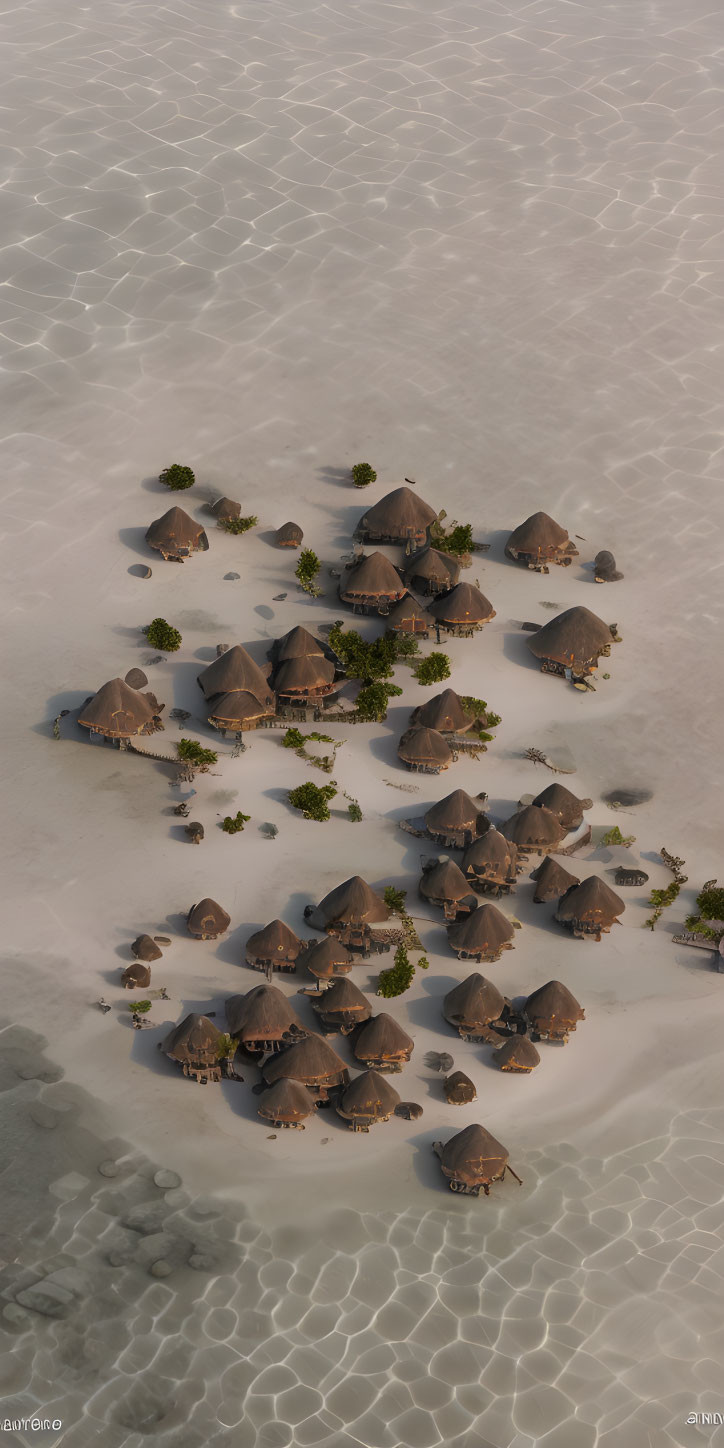 Thatched-Roof Huts Clustered on Sandy Beach