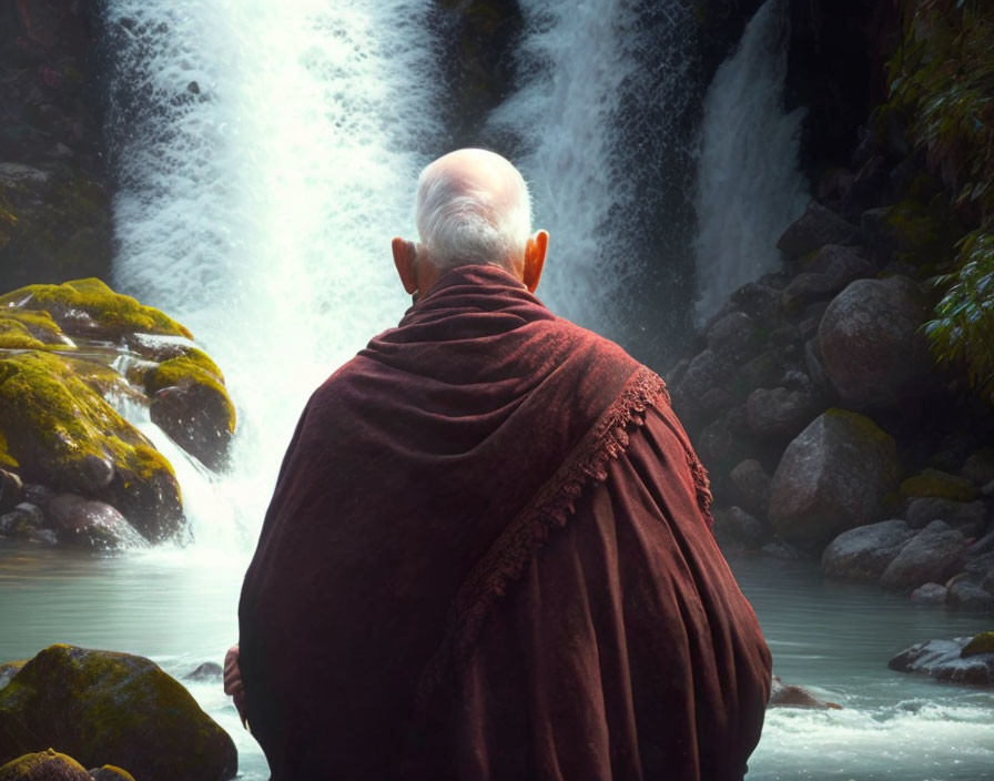 Mystical brooding old monk at the waterfall
