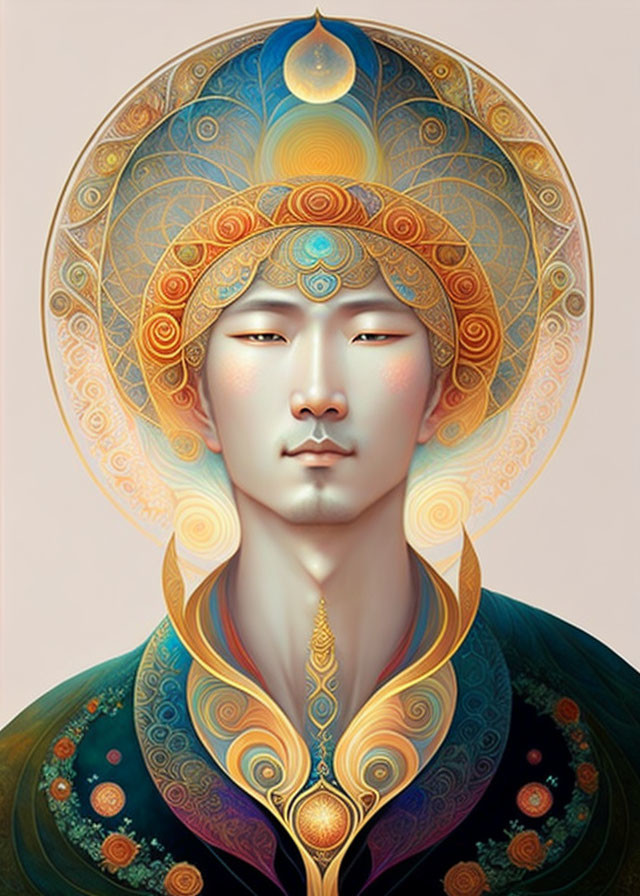 Detailed illustration of serene figure with ornate halo, vibrant colors, and intricate patterns symbolizing spirituality.