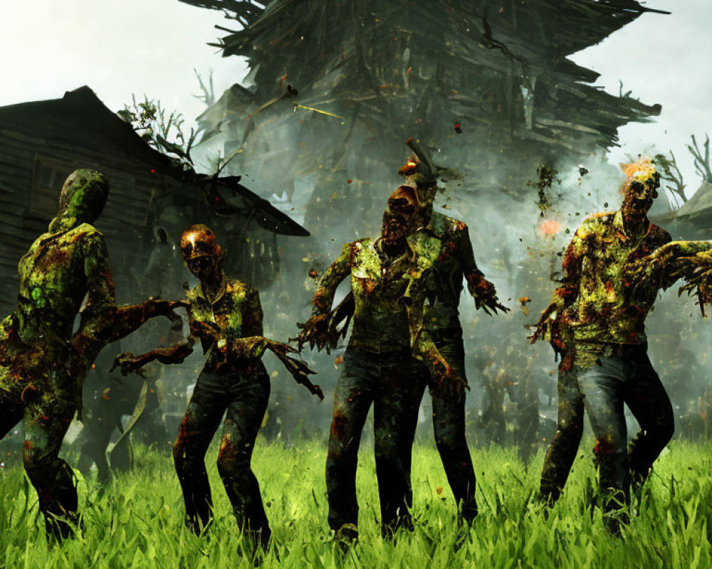 Four aggressive zombies in blood-stained clothes in grassy field with wooden structure