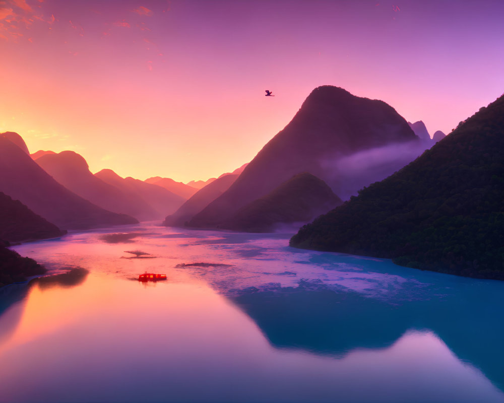 Tranquil sunset over misty mountains and river with boat and bird