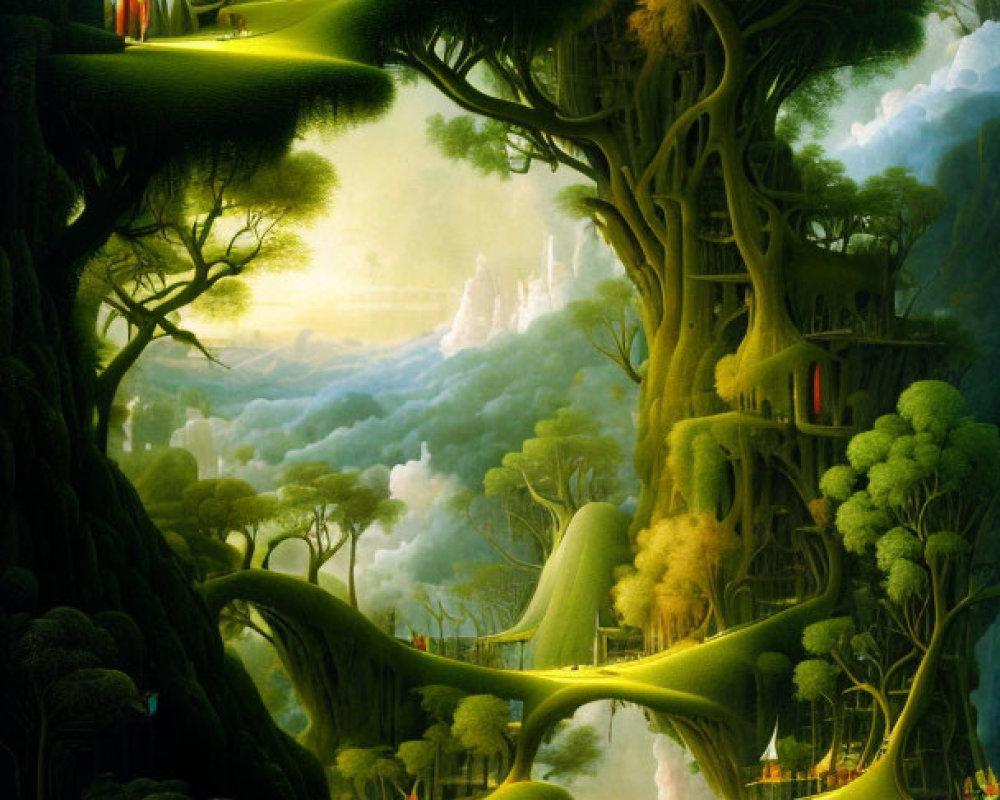 Fantastical painting of lush forest with colossal trees and bridges in clouds