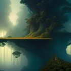 Mystical landscape with floating island, giant trees, person on ledge, and ethereal fog.