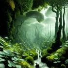 Mystical green forest with mist, moss-covered rocks, small stream, lush foliage, ethereal