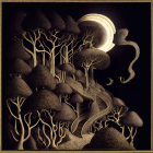 Stylized trees, patterned rocks, and ribbon-like structures in surreal artwork
