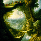 Fantastical painting of lush forest with colossal trees and bridges in clouds