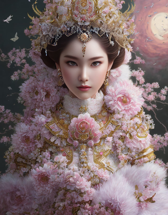 Traditional Woman in Golden Headdress Surrounded by Cherry Blossoms