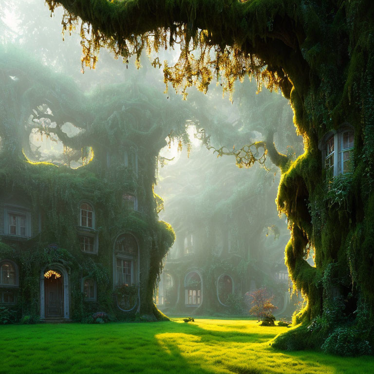 Old mansion engulfed in green ivy and moss, surrounded by misty trees and sunlight