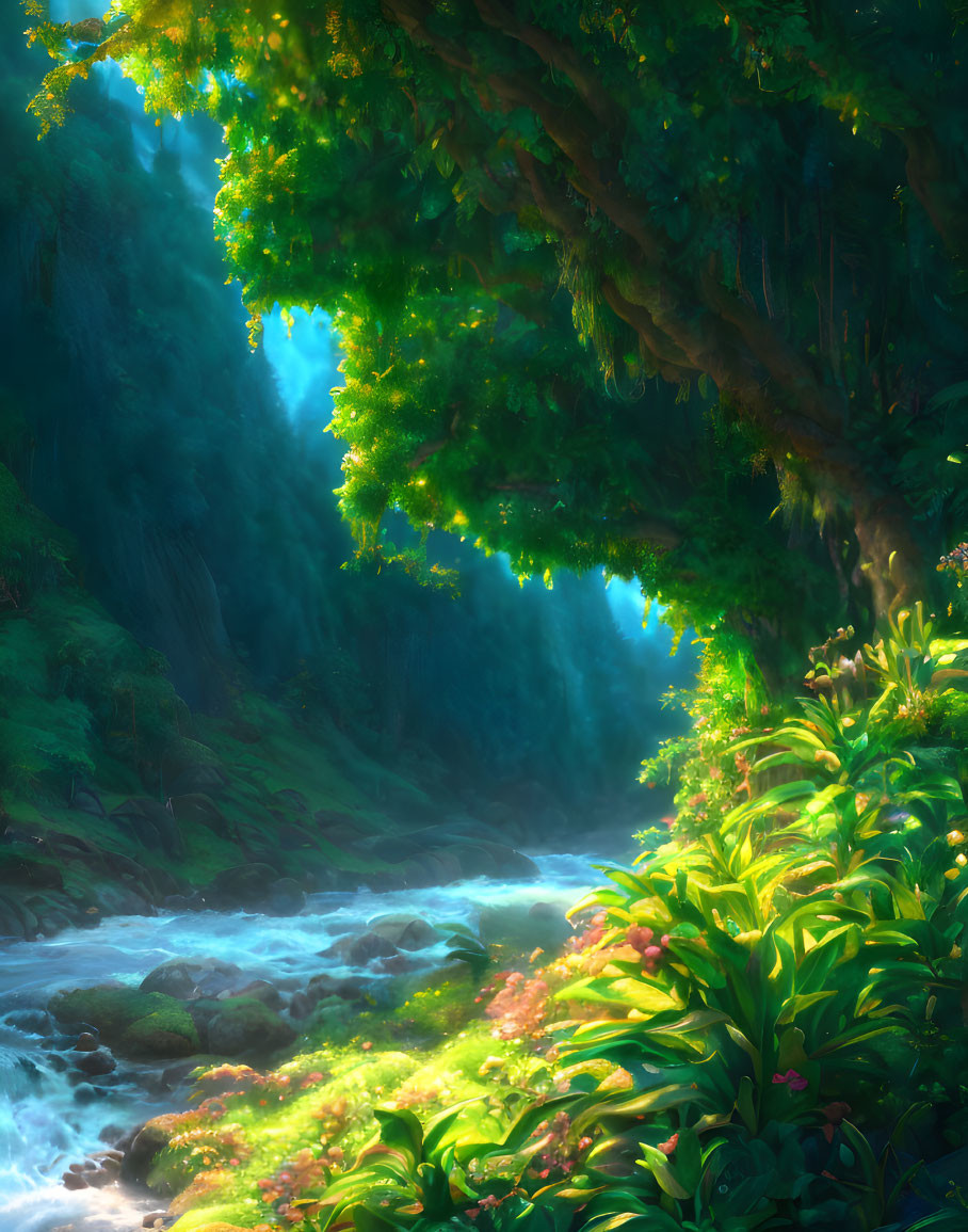 Serene forest scene with sunlight, river, and green foliage