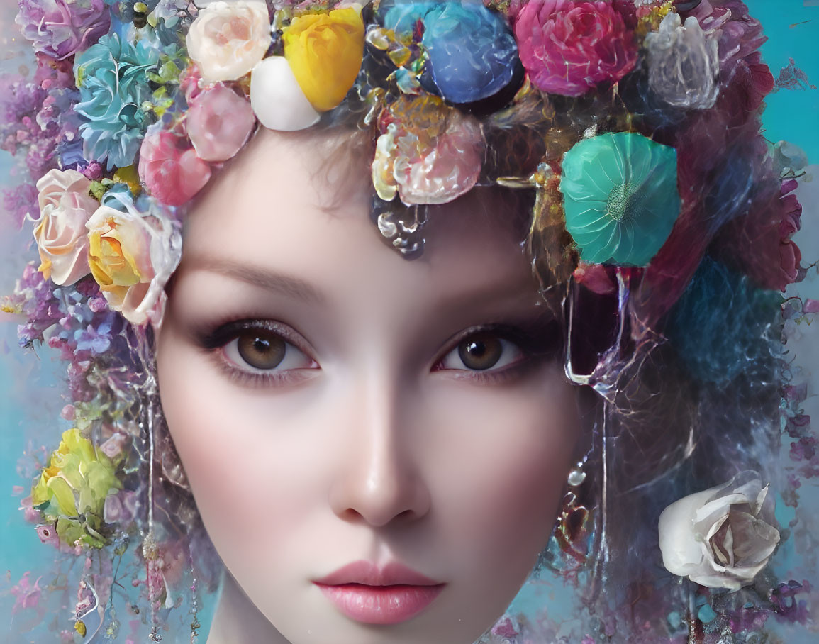 Colorful Floral Headpiece Woman Portrait with Striking Eyes on Blue Background