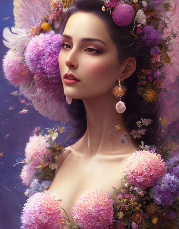 Vibrant floral digital portrait of a woman with spherical earrings