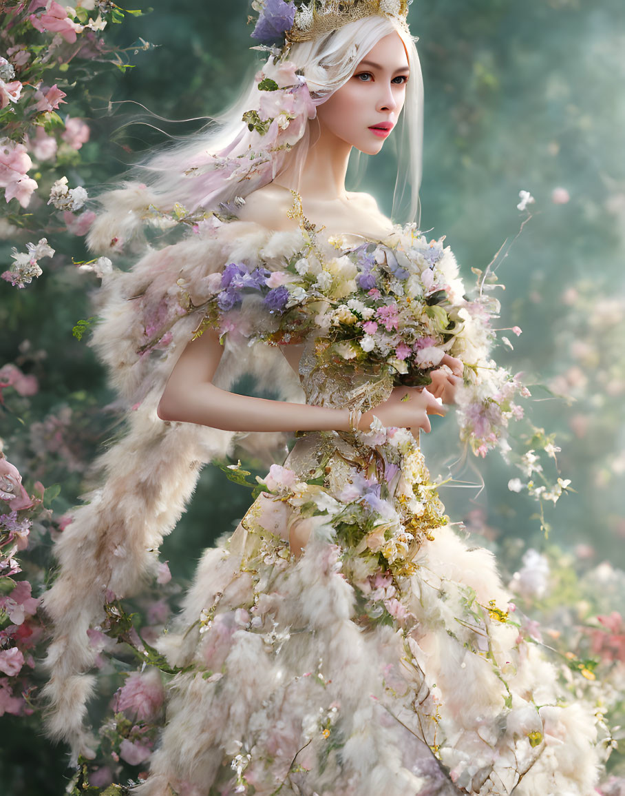 Ethereal figure in elaborate floral gown amidst blossoming flowers