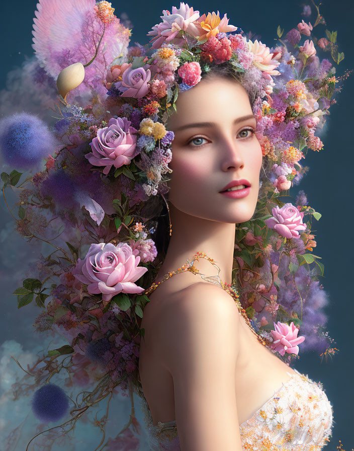 Vibrant floral headpiece on woman in digital portrait