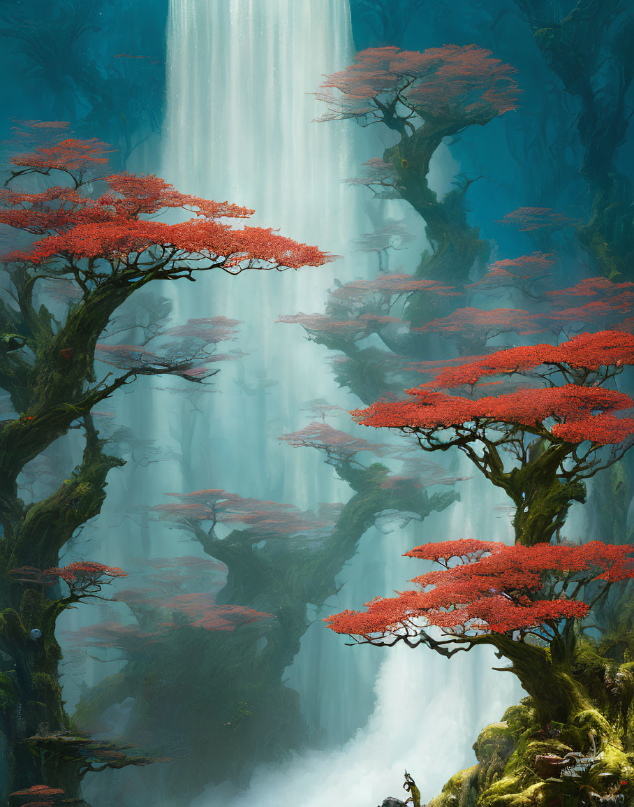 Vibrant red-leafed trees in mystical forest with tranquil waterfall