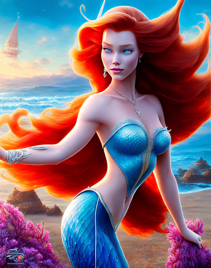 Colorful Mermaid Illustration with Red Hair and Blue Tail on Sunset Beach