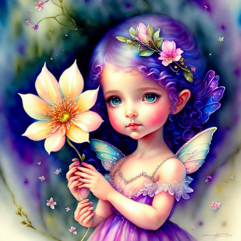 Whimsical fairy with purple hair and wings holding a flower