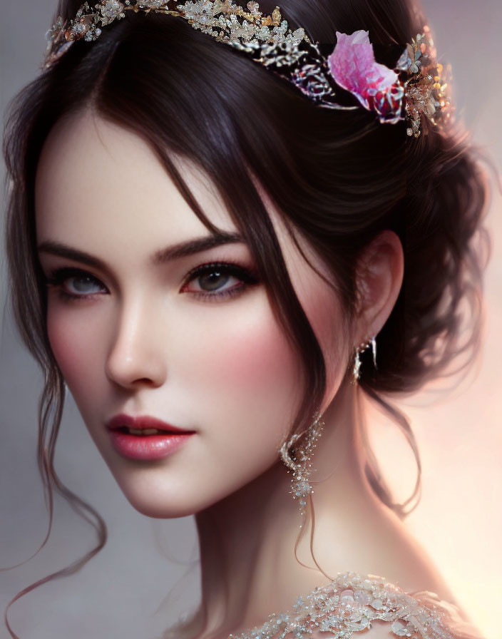 Floral headpiece woman with rosy cheeks and earrings portrait
