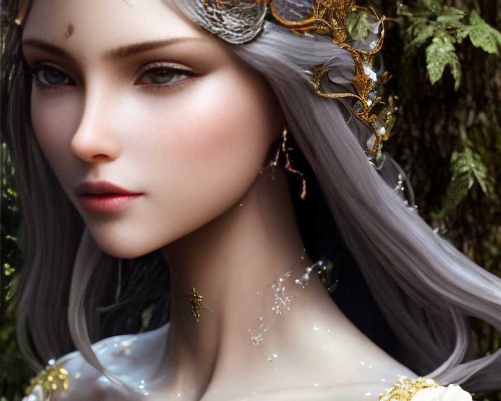 Fantasy character portrait with white hair and golden headpiece in forest setting