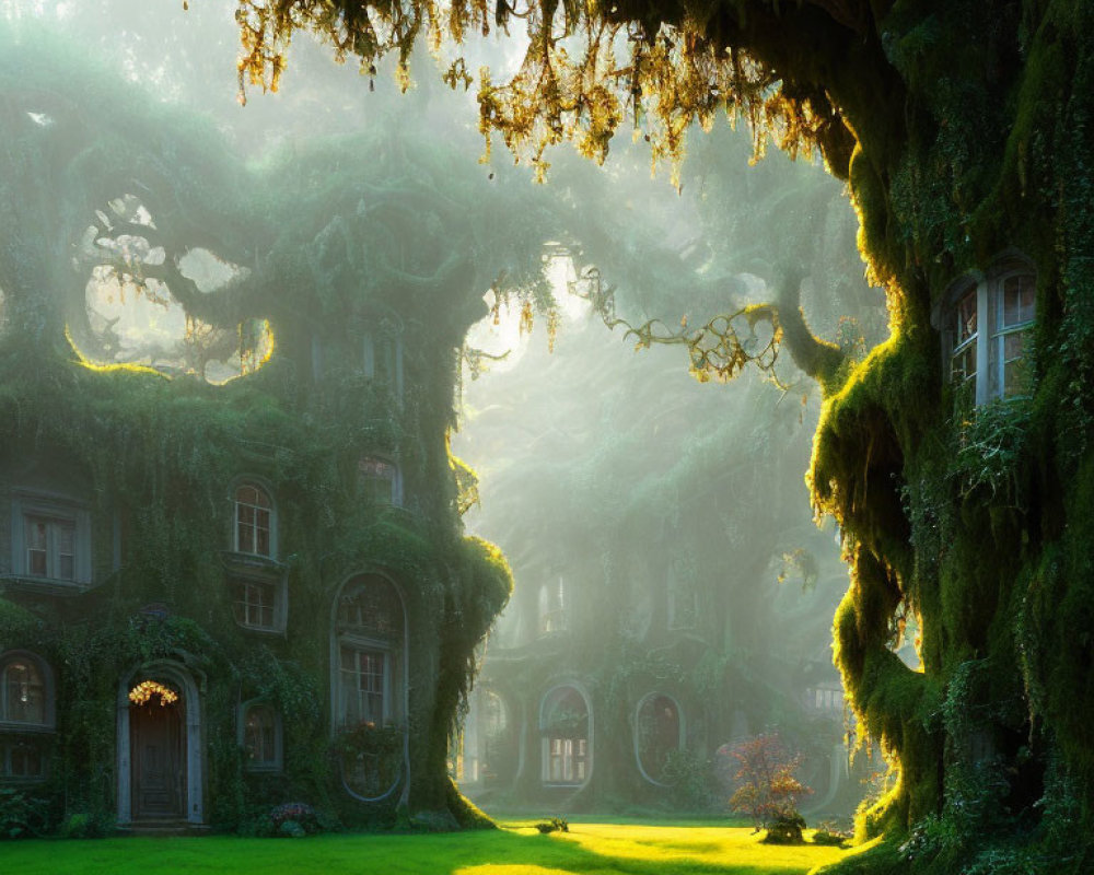 Old mansion engulfed in green ivy and moss, surrounded by misty trees and sunlight