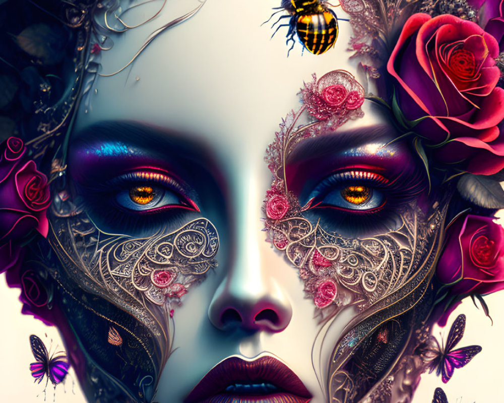 Digital Art: Woman with Floral Face Patterns and Butterflies in Mystical Setting