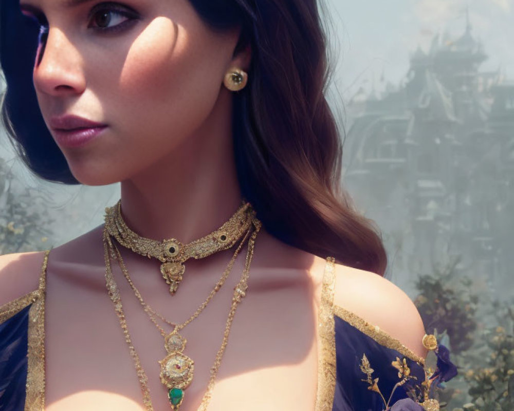 Dark-haired woman in blue dress with gold jewelry, including a necklace, looking at castle.