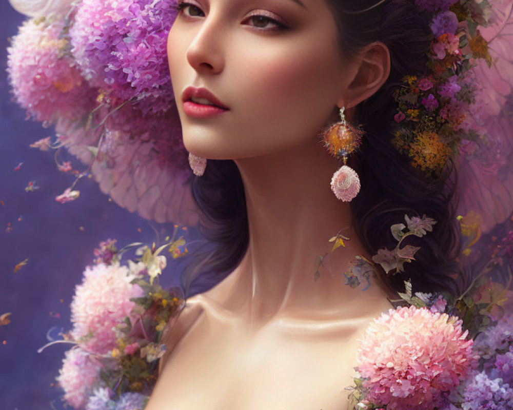 Vibrant floral digital portrait of a woman with spherical earrings