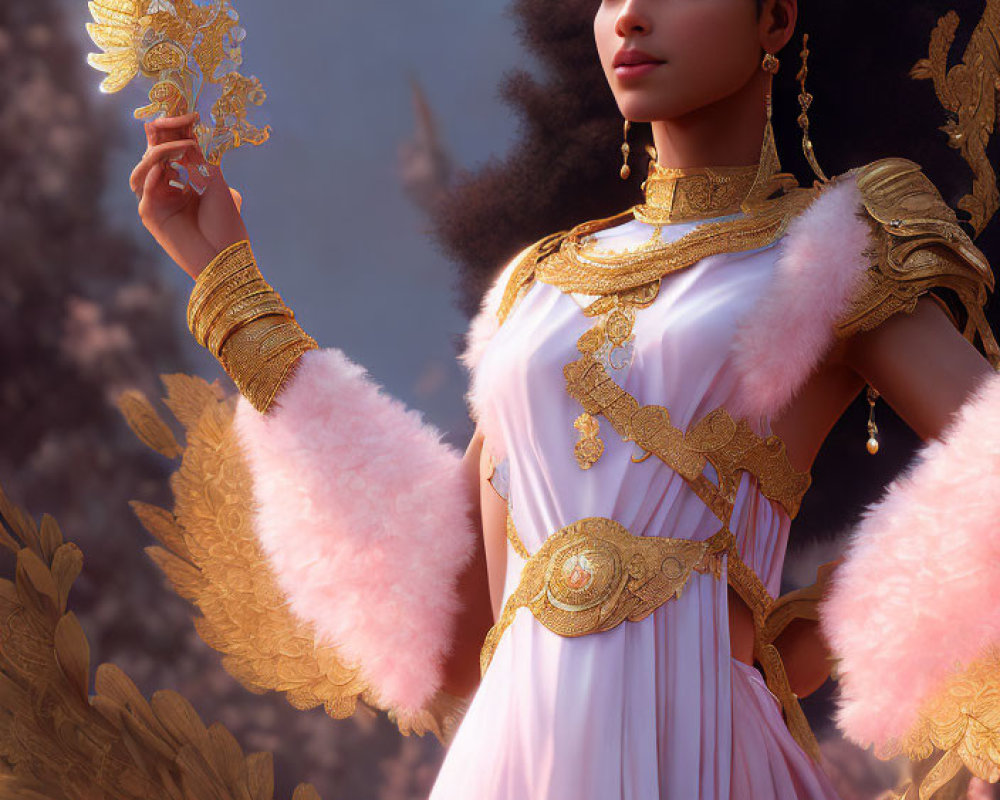 Regal person in gold-accented pink dress holding artifact in natural backdrop