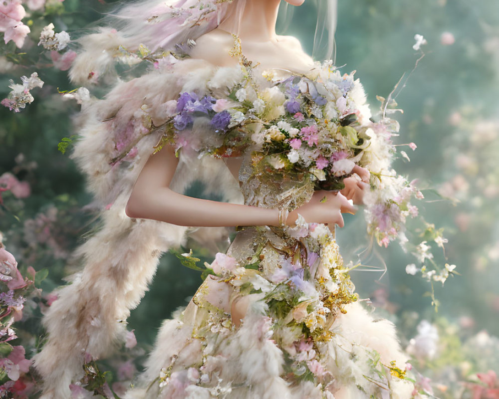 Ethereal figure in elaborate floral gown amidst blossoming flowers