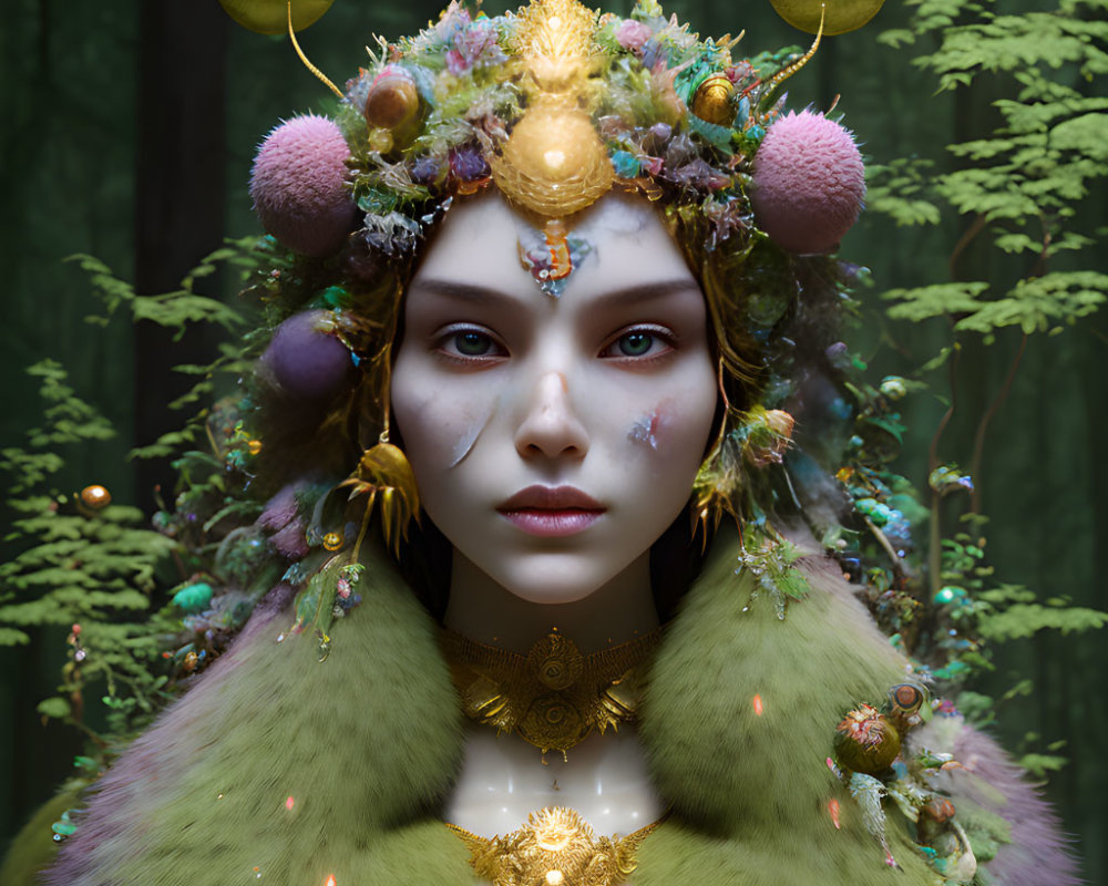 Intricate forest-themed headpiece and makeup with golden ornaments and lush greenery against woodland backdrop
