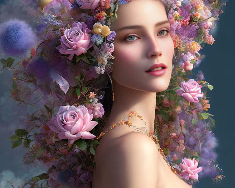Vibrant floral headpiece on woman in digital portrait
