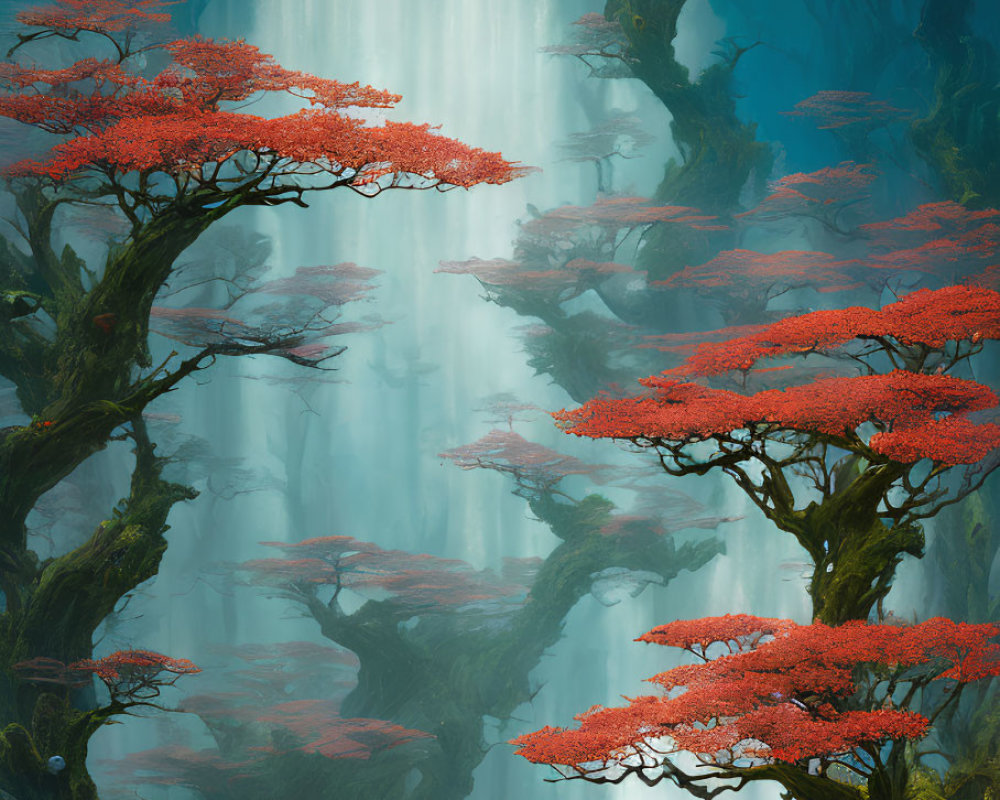 Vibrant red-leafed trees in mystical forest with tranquil waterfall