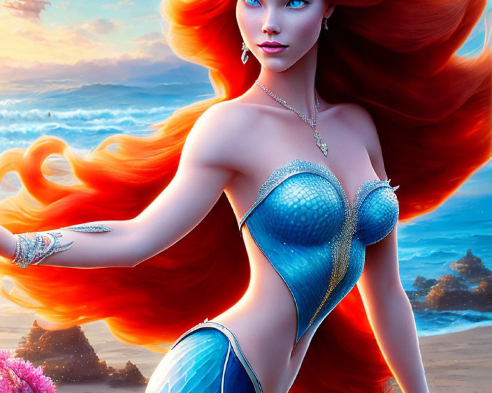 Colorful Mermaid Illustration with Red Hair and Blue Tail on Sunset Beach