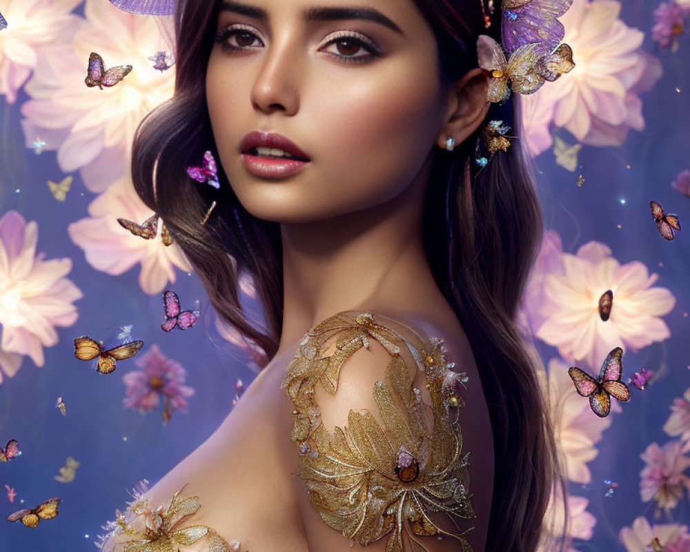 Floral and Butterfly Motif Woman with Golden Shoulder Piece