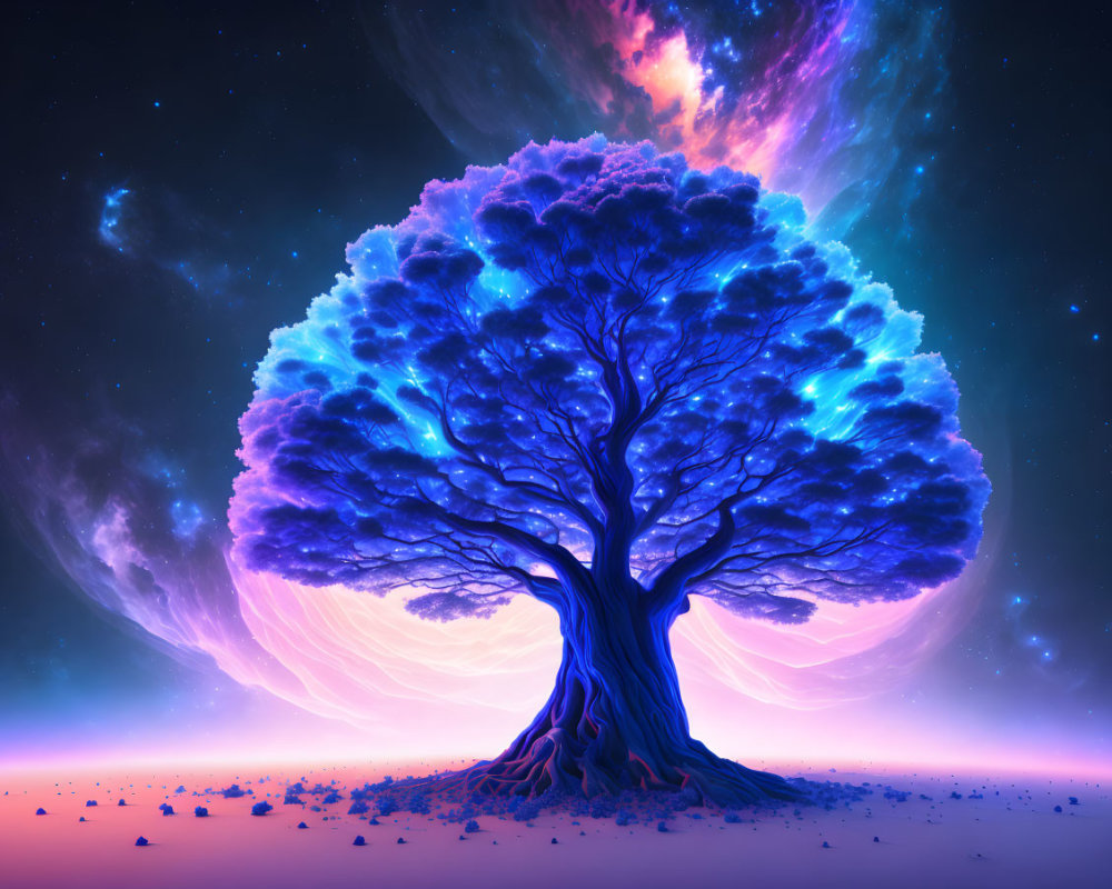 Fantasy-inspired image: Large radiant blue tree against cosmic backdrop