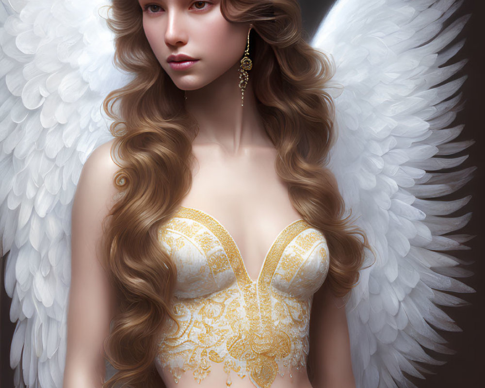 Digital artwork of woman with angel wings, golden corset, tiara, and wavy hair
