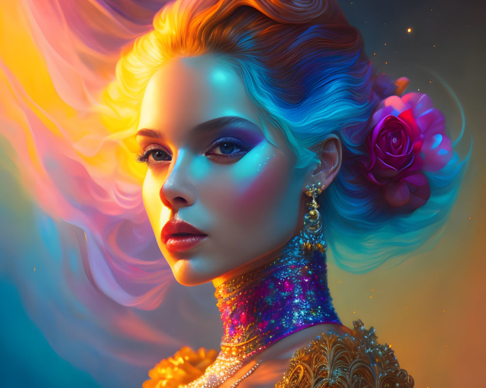 Colorful digital art portrait of a woman with luminescent hair and floral accessory