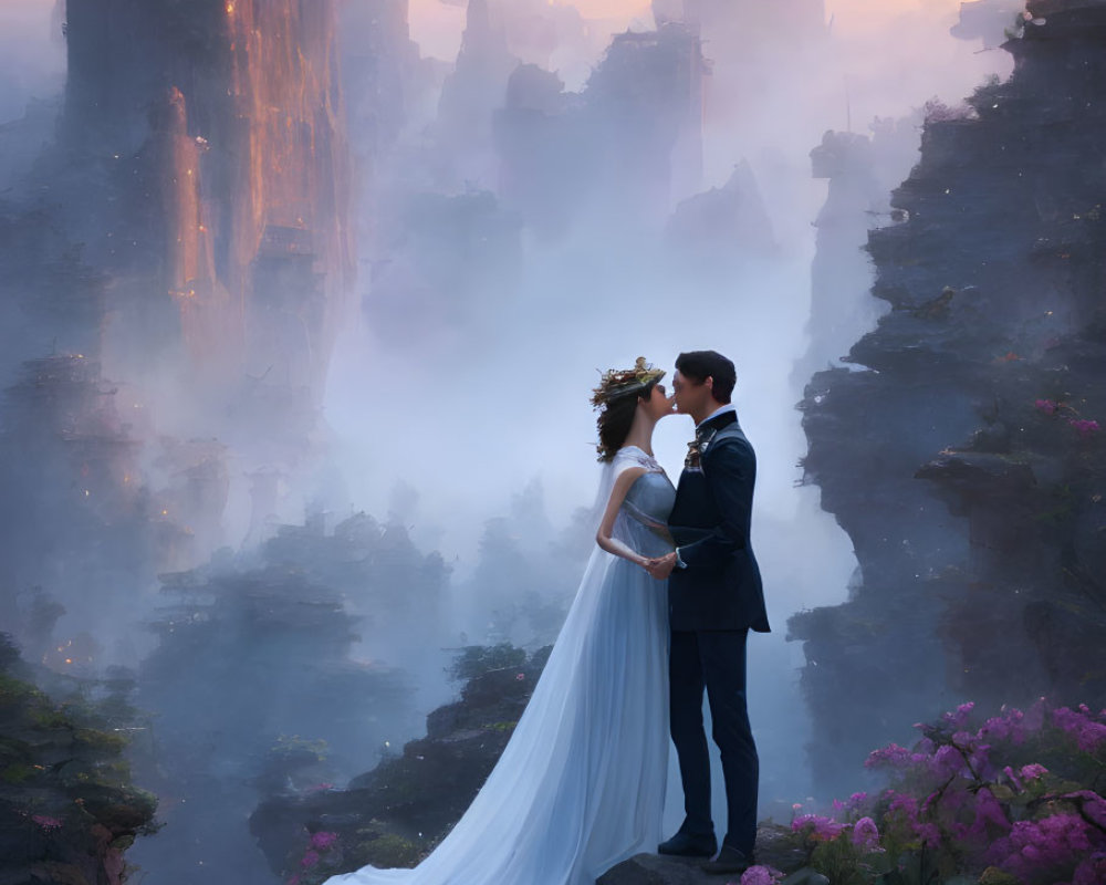 Wedding couple on cliff with purple flowers and misty spires at sunset