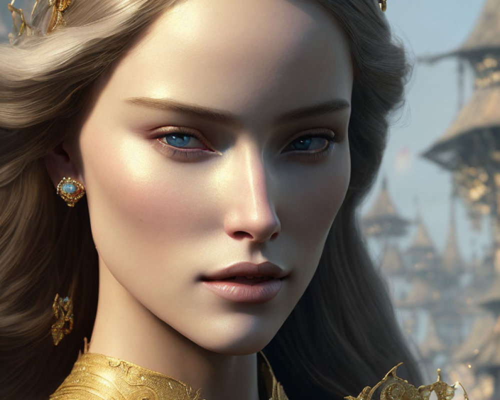 Digital artwork featuring a woman with blue eyes and gold crown, adorned with intricate designs.