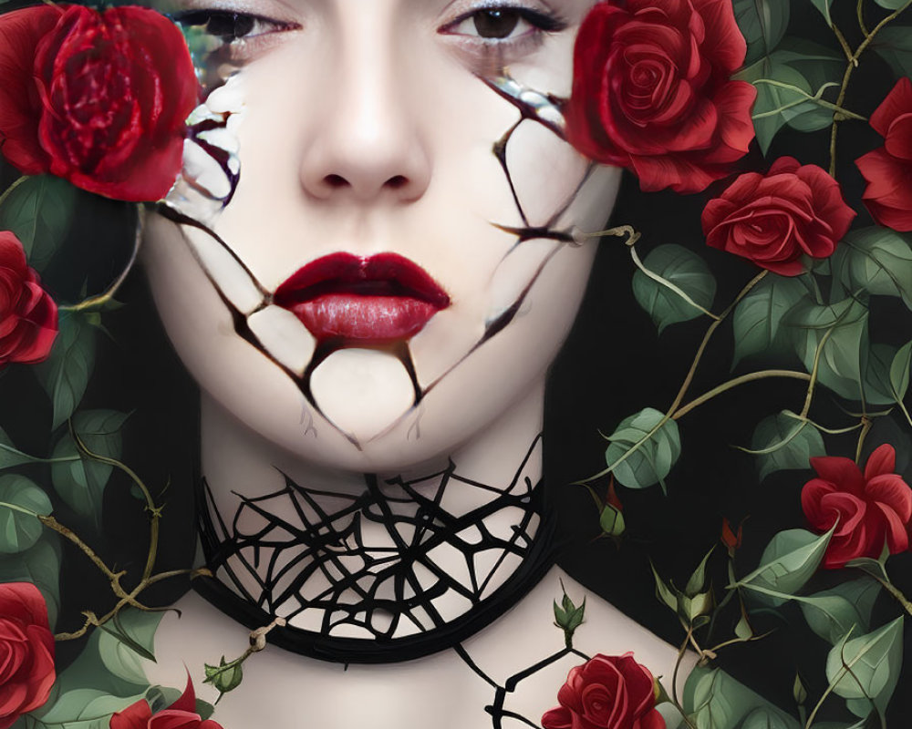 Cracked porcelain makeup on woman's face with red roses and green leaves