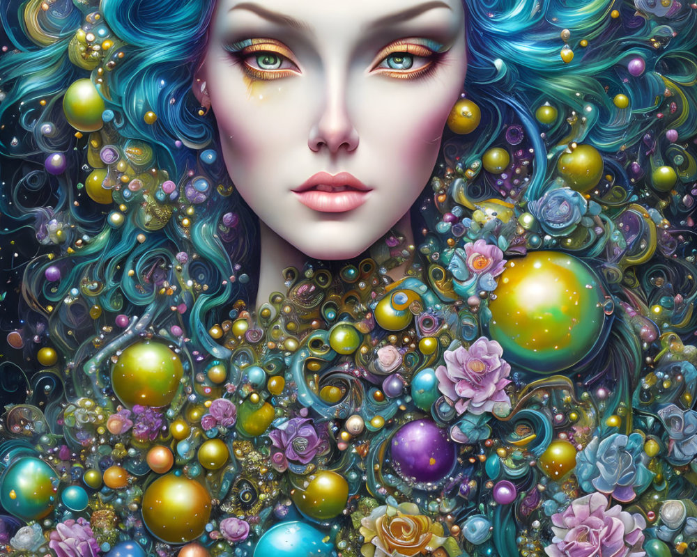 Colorful digital artwork of woman with blue hair and cosmic elements